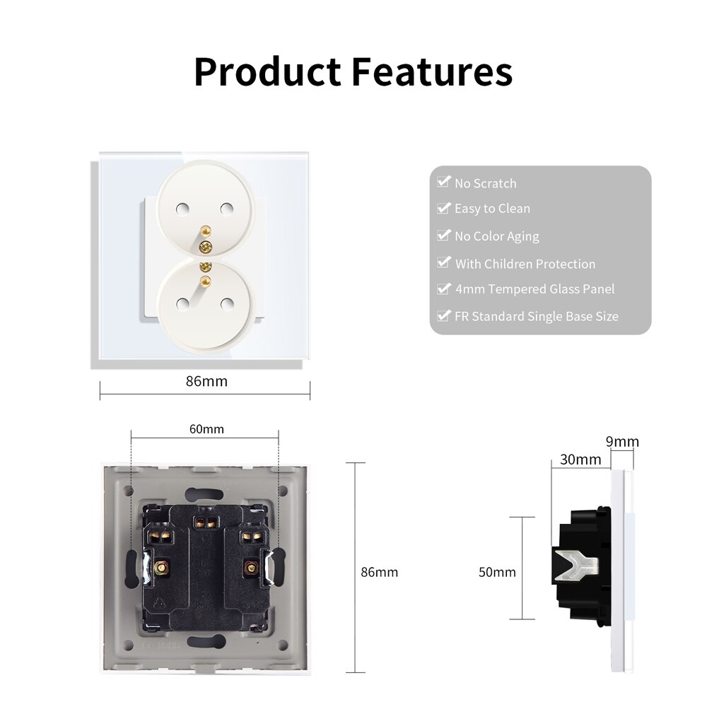 Bingoelec Double French Sockets Poland French Standard Single Crystal Glass Panel Wall Sockets Electrical outlets 86mm