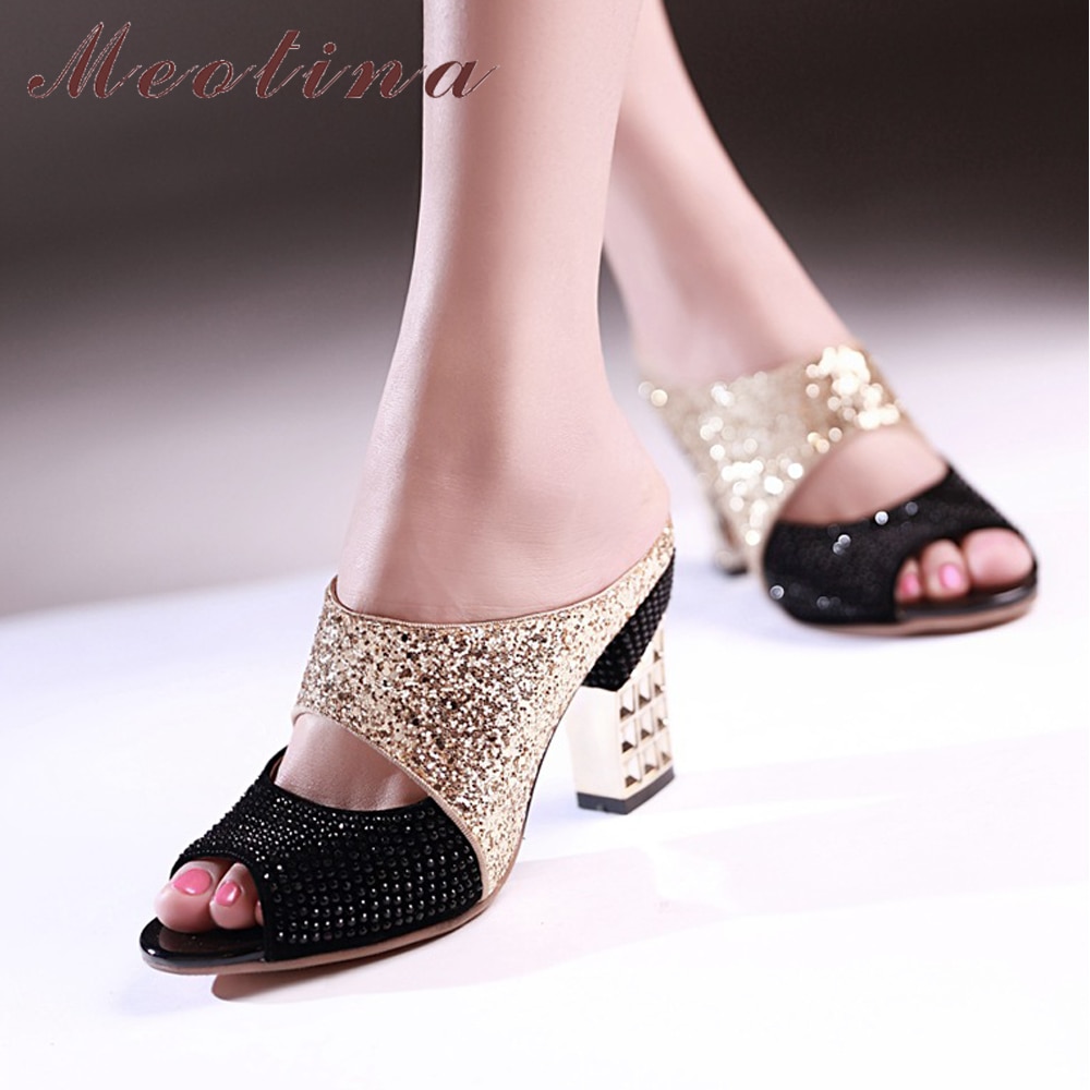 Meotina damesko sommertøffel glitter pigg høye hæler sko sexy krystall peep toe slides dame sandaler rød stor størrelse 34-43