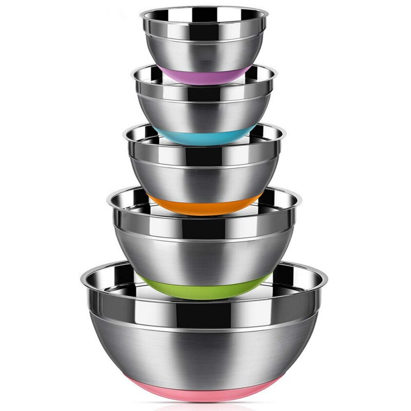 Rvs Mixing Bowls (Set Van 5) non Slip Siliconen Bodem Nestelen Opslag Bowls Maaltijd Mengen Prepping 18/20/22/24/26Cm