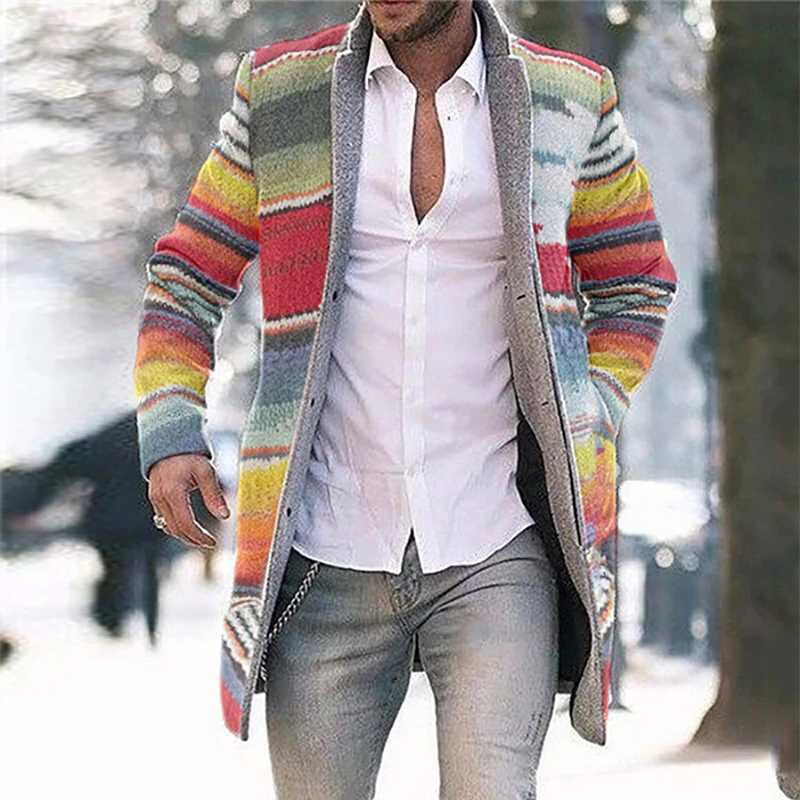 Herren Jacke Bunte Gestreiften Graben Mantel Männlichen Langarm Strickjacke Outwear Stehkragen Langen Mantel Männer Luxus Kleidung