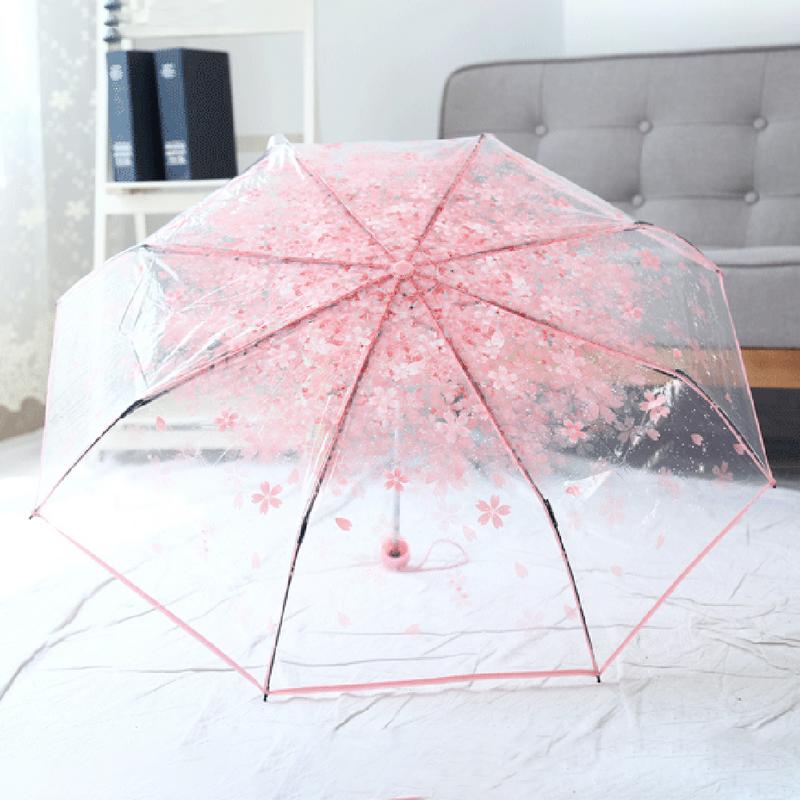 Innovatieve Leuke Cherry Blossom Patroon Opvouwbare Paraplu Transparant Drievoudige Paraplu