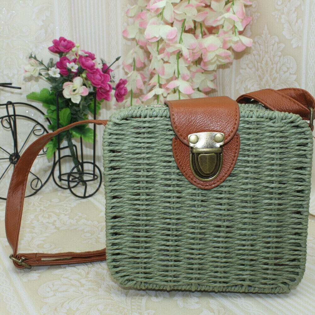 Bolsa de palha rattan feminina, nova bolsa quadrada de palha trançada para mulheres, transversal, praia, bolsa de verão, bolsa de mensageiro, imperdível: green