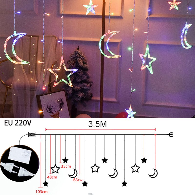 Mond Sterne LED Lichterkette Schnur Weihnachten Neue Jahr Girlande Vorhang Lampe Ramadan Dekoration Für Heimat Schlafzimmer Fenster Eid Mubarak: EU 220v multi