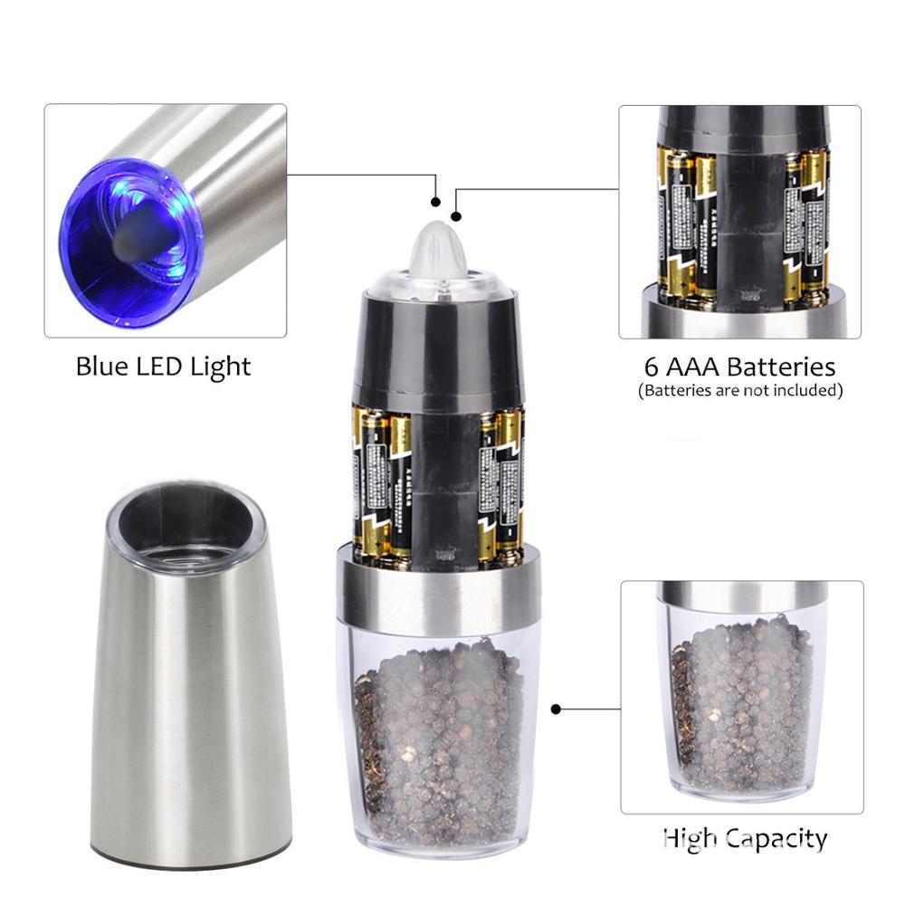 Molinillo Eléctrico automático, molinillo de pimienta y sal, luz LED, molinos de granos de especias, molino de núcleo de molienda de porcelana, herramientas de cocina, 2 uds.