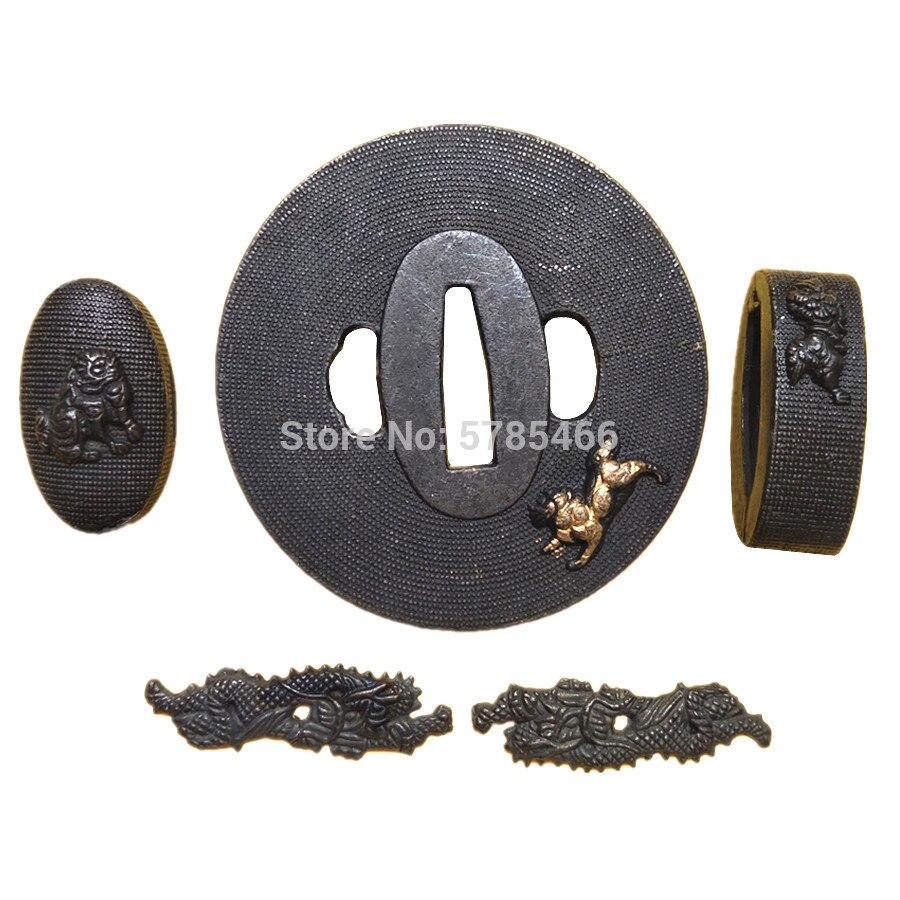 Een Set Leeuw Thema Legering Fitting Japanse Katana Wakizashi Zwaard Accessoires Diy Tsuba + Fuchi + Kashira + Menuki