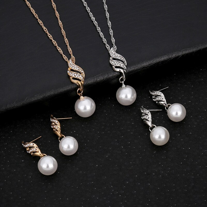 Fashionable simple pearl inlaid rhinestone earrings twist pendant necklace jewelry set bride wedding jewelry party