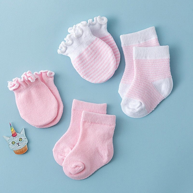 4 pares meias recém-nascidos conjunto de luvas de algodão macio bebê menina menino meias anti-risco rosto do bebê mittens meias: pink