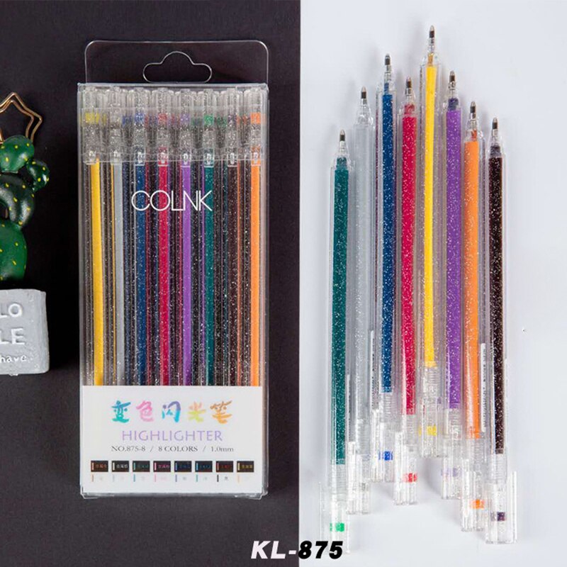 8 Stuks Verschillende Kleur Briefpapier Markeerstift Marker Pen 1.0Mm Bling Glitter Metallic Kleuren Draw Plakboek Schoolbenodigdheden H6596