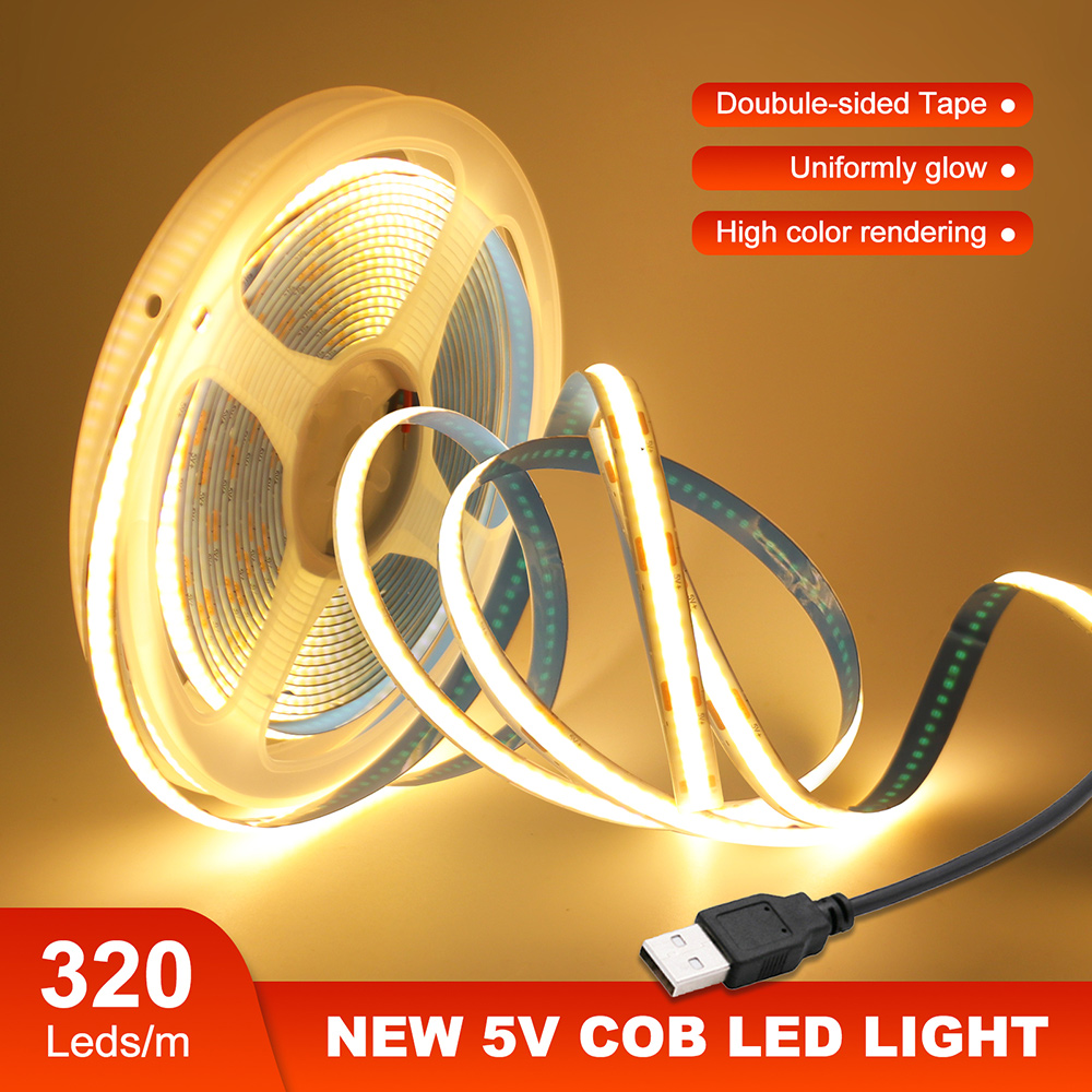 5v usb cob led -nauhaa, 320 lediä, joustava teippi, 8mm piirilevyä, valkoinen/punainen/vihreä/vaaleanpunainen/jäänsininen/keltainen nauha, yölamppu, television taustavalot