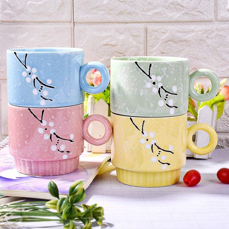 ! Ceramic Coffee Mugs Set Of 4,Stackable Coffee Cups With Stand,Vibrant Color And Space Saving,For Latte,Mocha Coffee,T