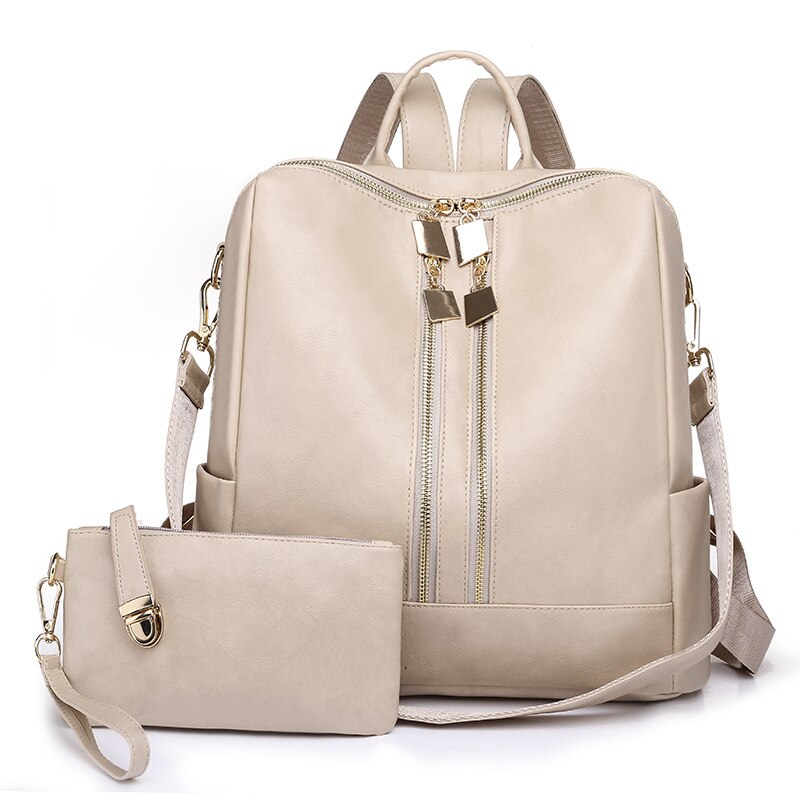 DIDA BEAR-Mochila de cuero para mujer, morral escolar grande, de viaje, Color caramelo con monedero: Beige