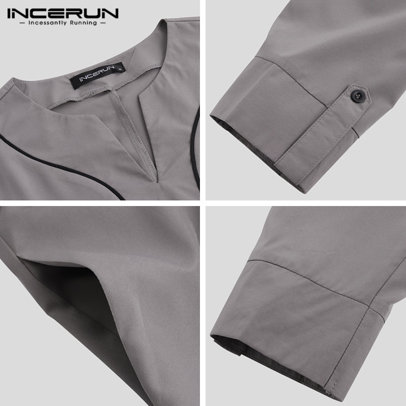 INCERUN męskie ubrania muzułmańskie Jubba Thobe z długim rękawem V Neck Casual Arabia saudyjska mężczyźni szaty Abaya dubaj Thobe arabski islamski Kaftan