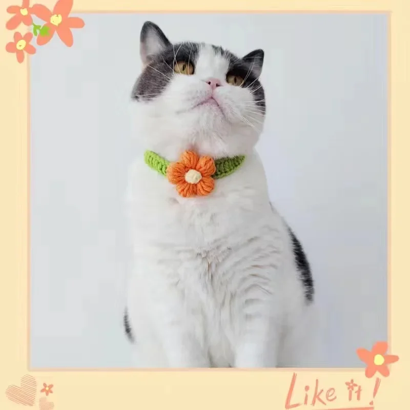 Collare per cani e gatti tutto'uncinetto Kawaii Collana di lana regolabile Fiori Accessori per il collo di animali domestici Cucciolo Gattino Sciarpa lavorata a maglia Papillon Regalo per animali domestici: bianca