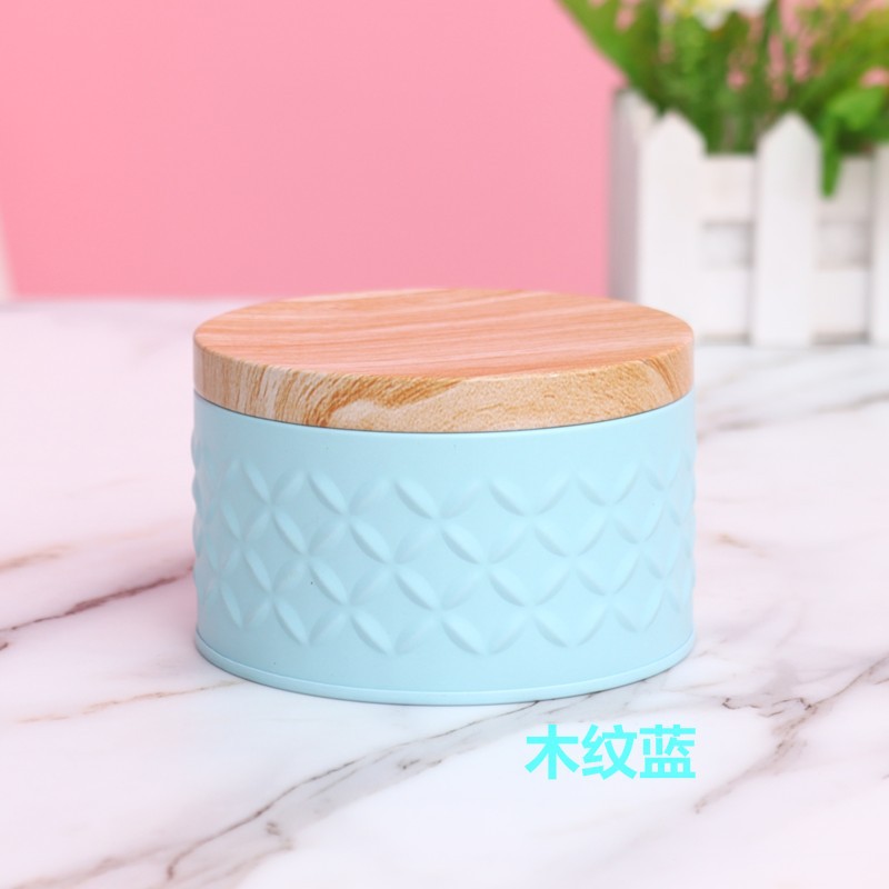 Round Empty Iron Box with Wood Grain Lid Metal Candy Storage Box Diy Candle Making Jar Coffee Tea Can Christmas Biscuit Package: black