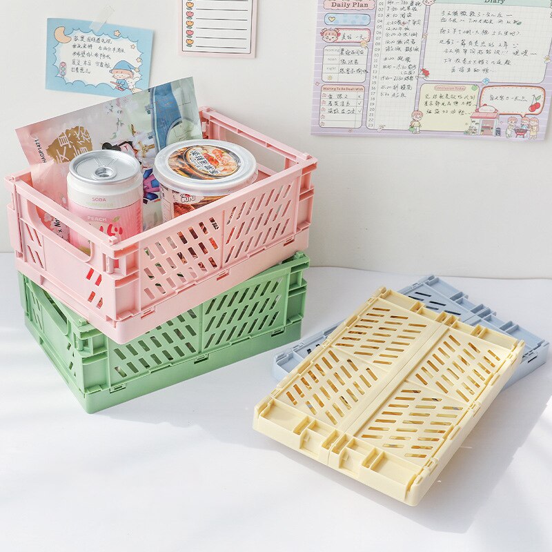 Mini Stackable Decor Stacking Folding Plastic Storage Crate Foldable Bin Baskets Tray with Handles for Shelf Grocery Kitchen