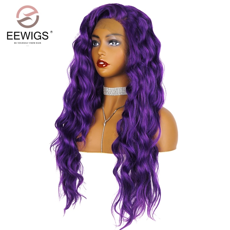 EEWIGS Glueless Dark Purple Long Wavy Synthetic Lace Front Wig With Natural Hairline 13x4 Heat Resistant Wigs For Black Women