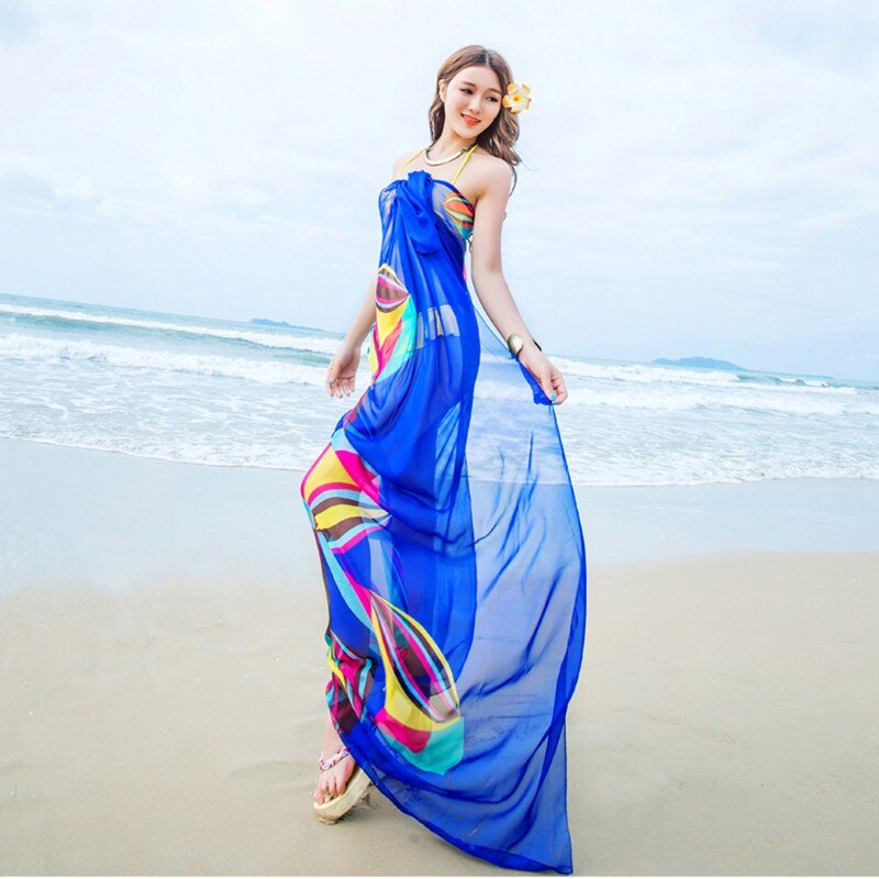 Dames chiffon strand sjaals dames zomer bloemen bikini cover up strandkleding warp: Blauw