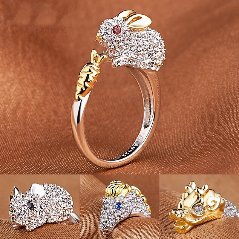 Koper Plated Crystal Mooie Hond Varken Konijn Aap Ingelegd Dier Ringen Vrouwen Meisje Opening Ring Wedding Party Sieraden