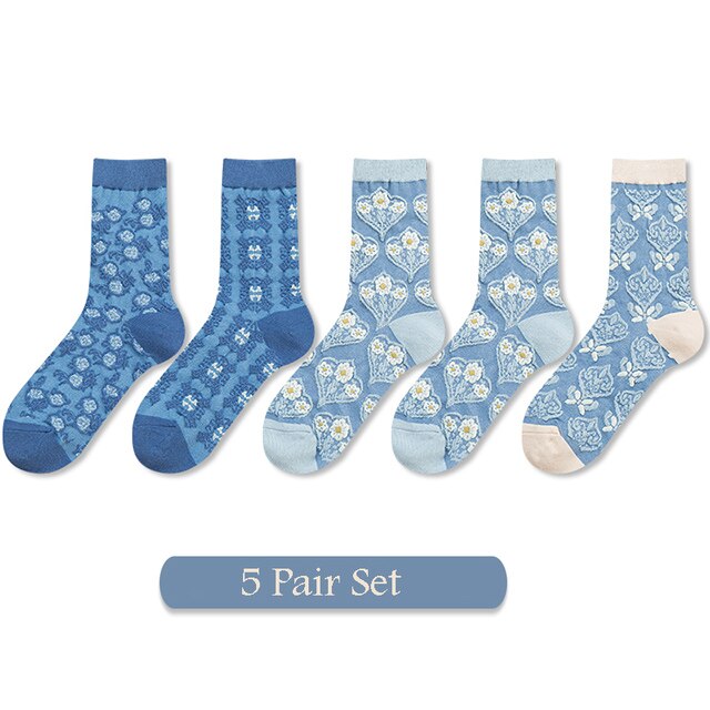 5 Pairs Vrouwen Sokken Set Herfst Winter Bloemen Printing Katoen Harajuku Blauwe Accessoires Geometrie Hartvormige Femme Sokken Kawai: G