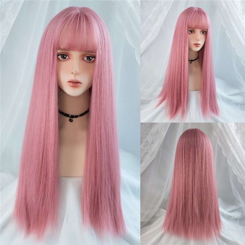 VICWIG Medium Length Cosplay Wig With Bangs Light Orange Synthetic Straight Hair Heat-resistant Rose Net Wigs For Women: Pink