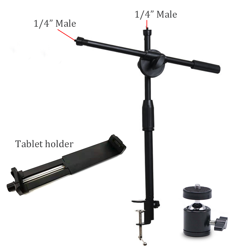 BFOLLOW Overhead Shooting Bracket Desk Clamp Mount for Mobile Phone Tablet DSLR Camera 10 inch Ring Light Video Top Down Stand: with Tablet holder