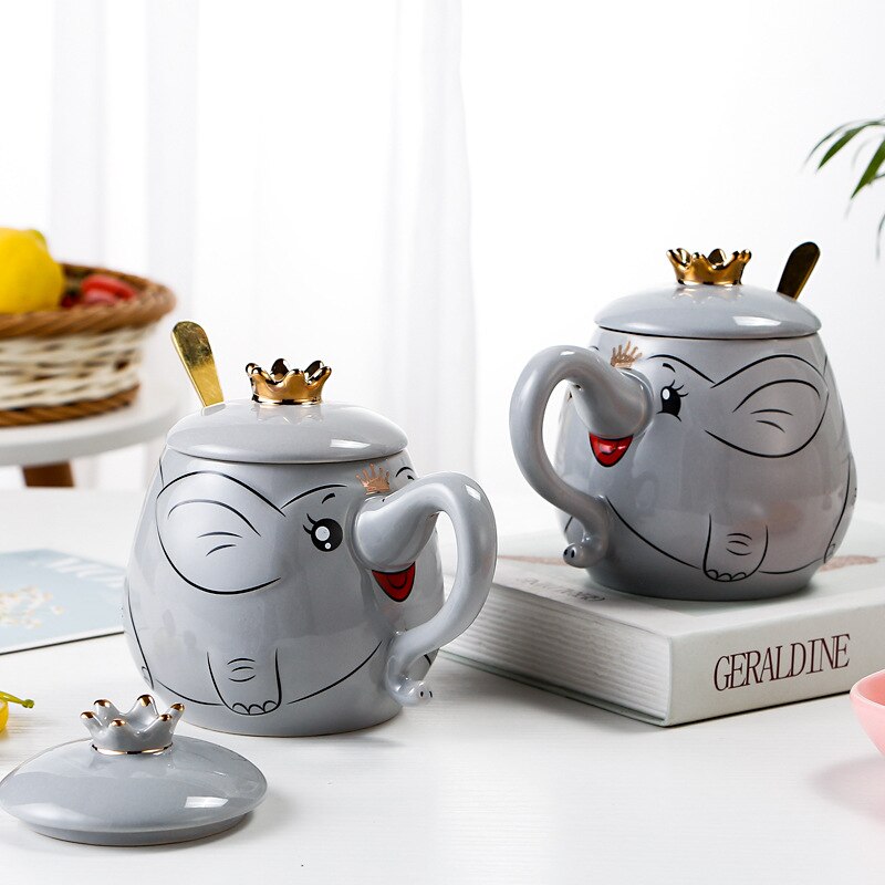 Cartoon Stereo Relief Elephant Ceramic Coffee Mug With Lid Spoon Home Office School Milk Tea Water Mugs Drinkware Cup
