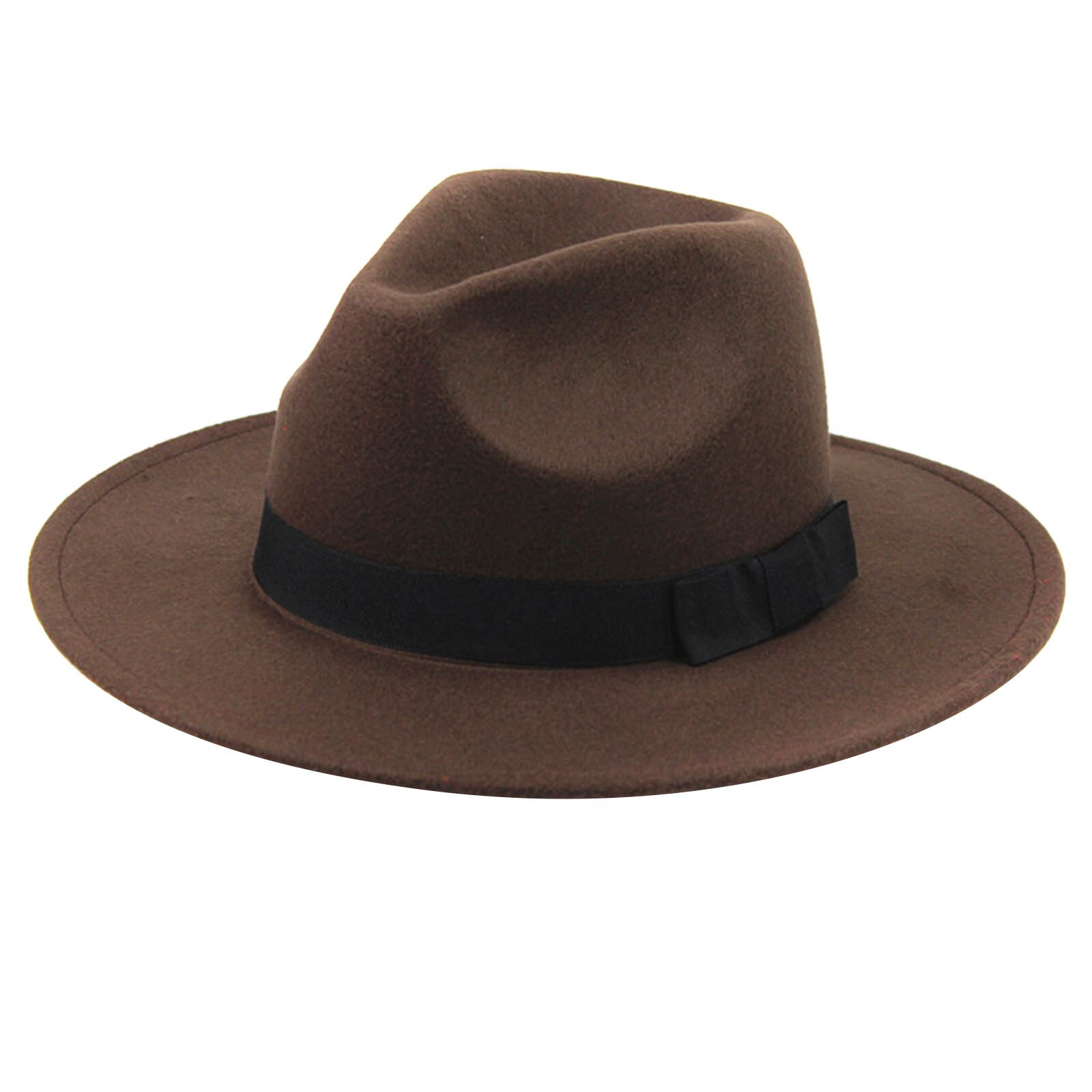 Sombrero de lana con cinturón de borde ancho para mujer, gorro cruzado de fieltro con parte trasera, estilo británico: Coffee