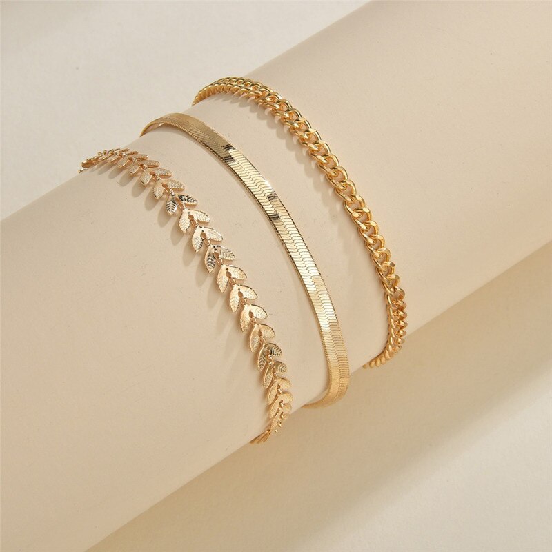 LETAPI 3pcs/set Gold Color Simple Leaf Female Anklets Foot Jewelry Leg Anklets On Foot Ankle Bracelets For Women