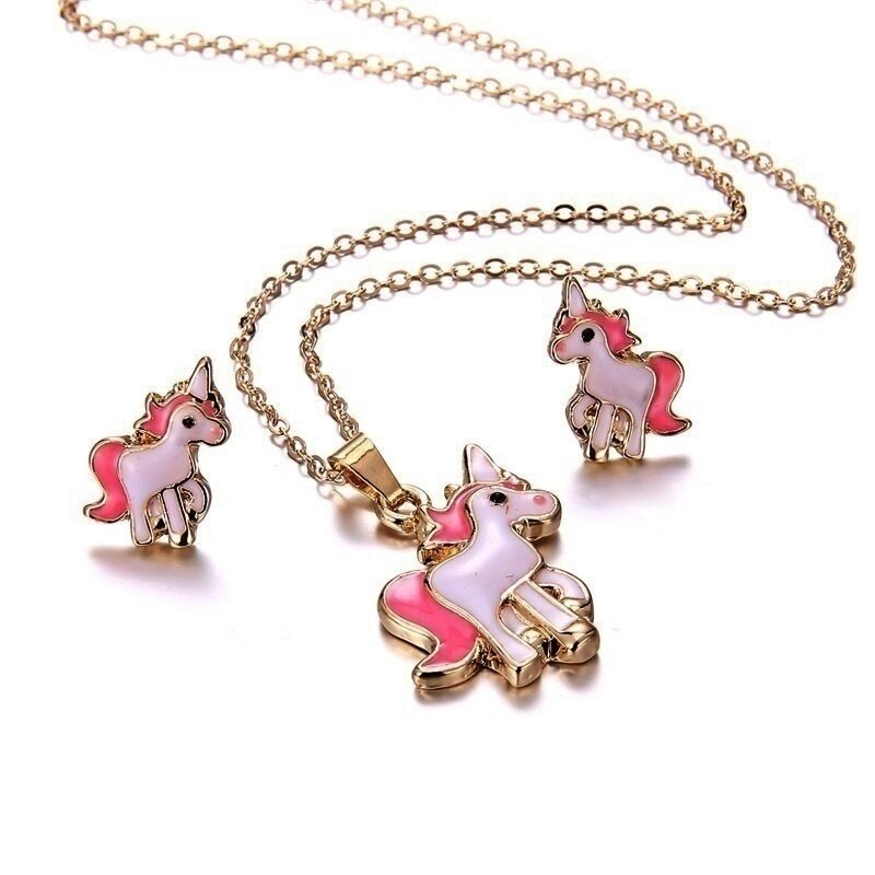 4 stks/set Paarse Ketting Oorbellen Cartoon Eenhoorn Ketting Oorbel Sieraden Meisjes Sieraden Oorbel en Ketting Set