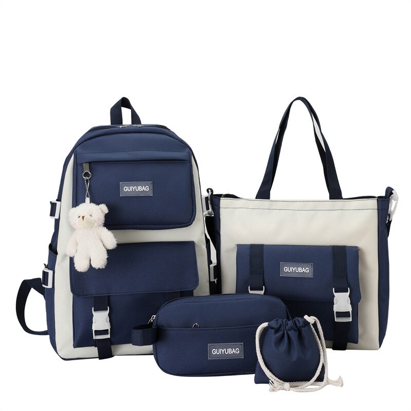 Fengdong 5 Stks/set Student Schooltas Zwart Wit Mode School Rugzak Voor Tienermeisjes Handtas Schoudertas Potlood Tas Set: Navy Blue