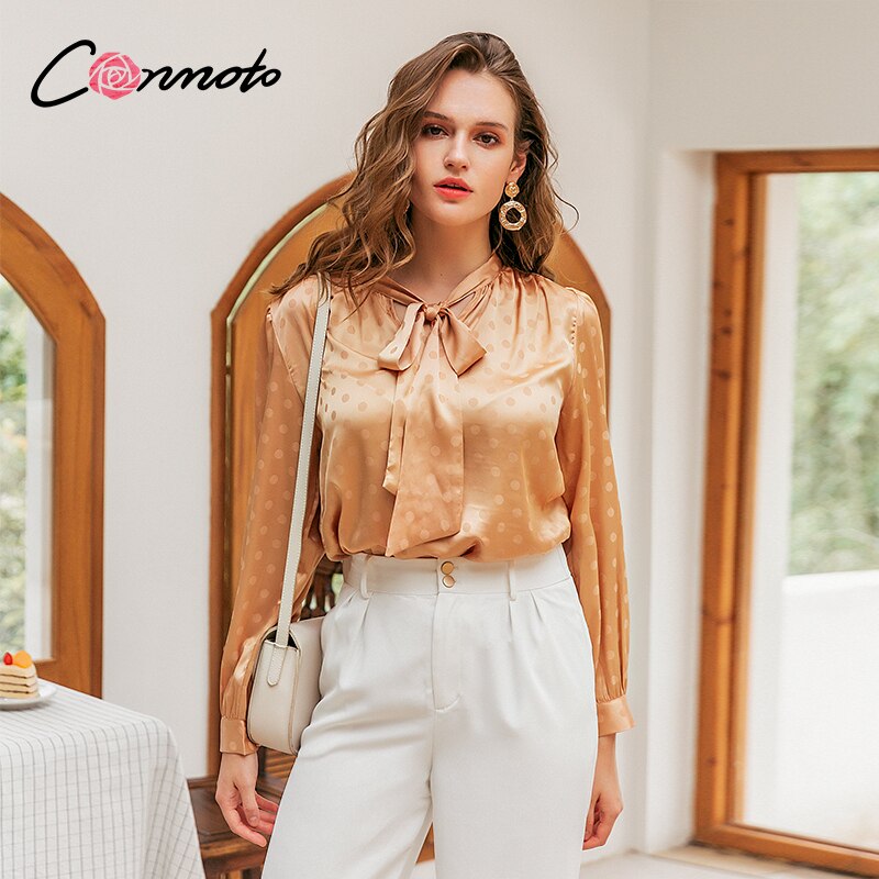 Conmoto bow tie women blouse shirt Long sleeve print polka dots female tops Office lady work wear blouse autumn