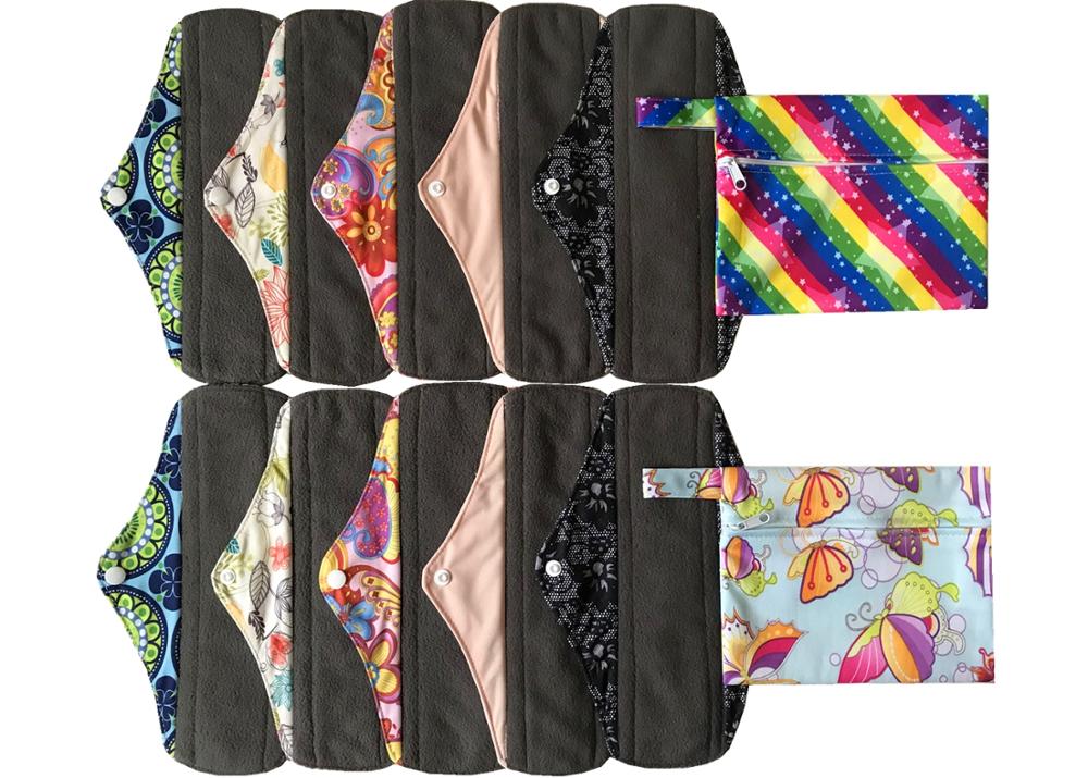 MUMBABY12pcs set 2 mini wet bags and 10pcs 25.4cm (10inch) Regular Charcoal Bamboo Mama Menstrual Pads/Reusable Sanitary Pads