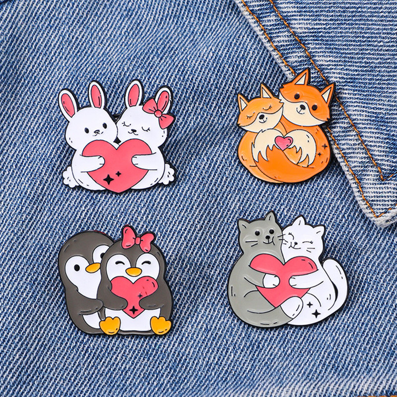 4 Stuks Cartoon Dierenhartliefhebbers Emaille Pin Creatieve Pinguïn Kat Konijn Vos Metalen Broche Badge Rugzak Kleding Hoed Accessoires