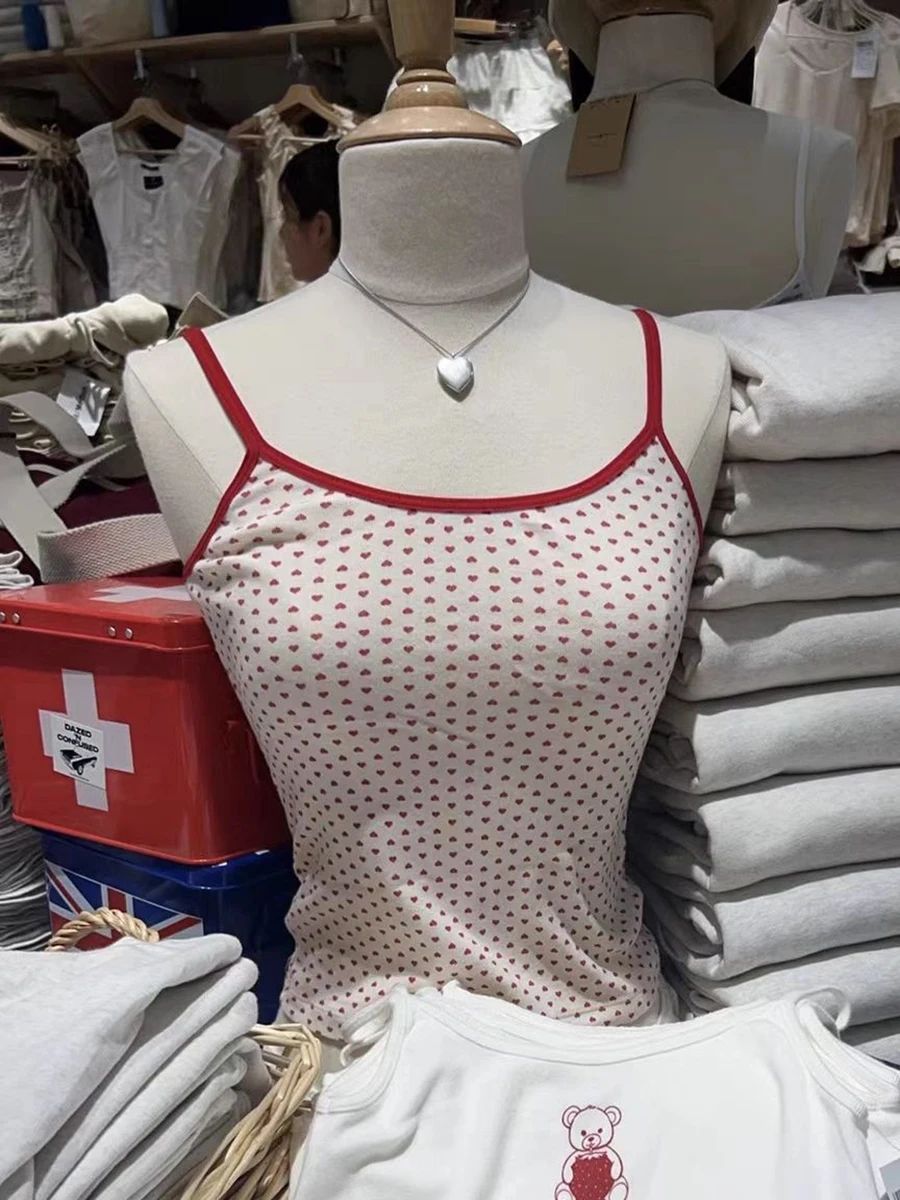Söt liten hjorttryck smal crop top kvinnor sommar bomull ärmlös beskuren linne harajuku avslappnad söt linnen  y2k: Orange