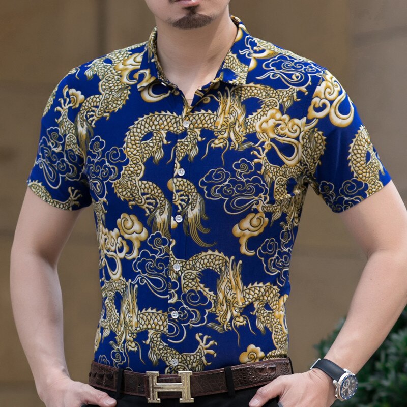 Hawaiian Casual 80% Silk Shirt Men Short Sleeve Both Sides Print Chinese Dragon Nation Flower Beach Summer Clothes: 911 BLUE / L FOR 170 CM 70KG