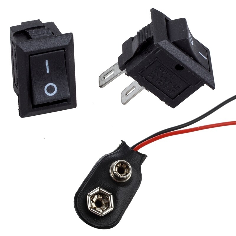5 x ac 250v 3a 2 pinos de ligar/desligar i/o spst snap em mini barco interruptor de balancim & 10 pces pp3 mn1604 9v 9 suporte da bateria clipe snap on connect