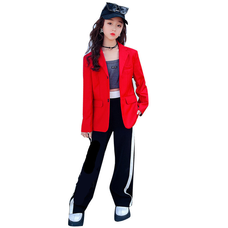 Blazer + gilet + pantaloni rossi per ragazze con set di abbigliamento a tre pezzi a strisce laterali primavera abiti per bambini moda Costume formale di lusso