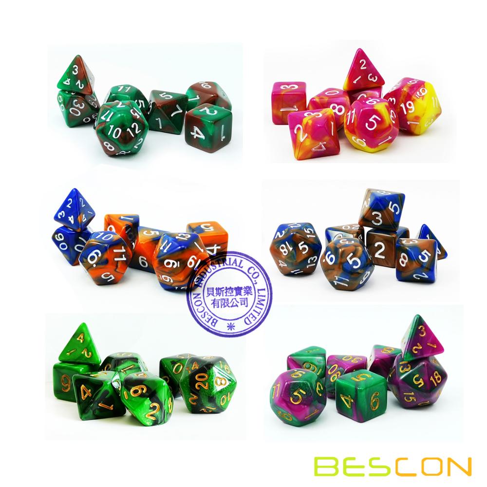 Bescon mini to tone polyhedral rpg terning sæt 10mm,  små terninger sæt  d4-d20 in rør , 6 assorterede farvede  of 42 stk