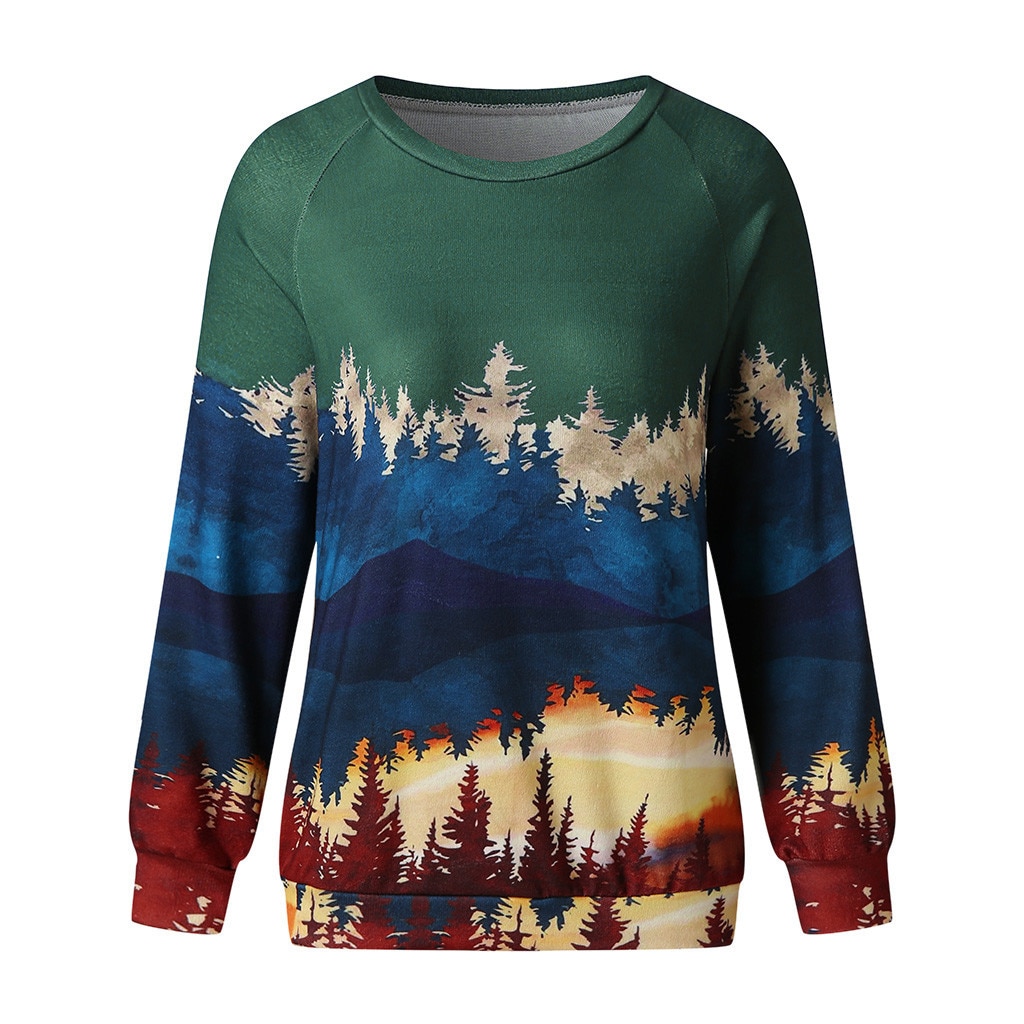 Femmes imprimé à manches longues sweat-shirt Pullover décontracté éléments de montagne imprimé décontracté dames col rond pour l'automne hiver