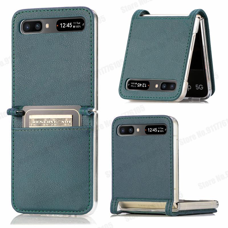 Slot para cartão de couro caso de telefone para samsung z flip 5g duro pc capa protetora para galaxy z flip 5g SM-F707B ultra fino caso do telefone: Dark Green