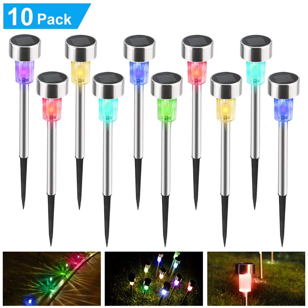10pcs Mini Solar LED Garden Lights Stainless Steel Outdoor Solar Power Pathway Lights Yard Driveway Landscape Lights: Colorful Light