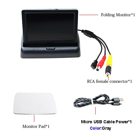 USB Auto Monitor 4.3 Inch Opvouwbare Auto Parking Reverse Rear view Monitor 5 V Power Door Micro USB Charger datakabel: With Gray USB Cable