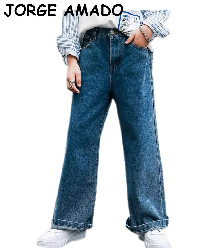 Pantalones vaqueros para chicas adolescentes otoño azul suelto Casual niñas pantalones vaqueros largos pantalones vaqueros niños 5-15 años E22108