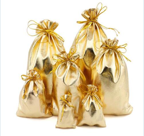 50pcs/lot 11x16 13x18 15x20 17x23cm Golden/Silver Color Drawstring Organza bag Christmas Wedding Jewelry Packaging bags
