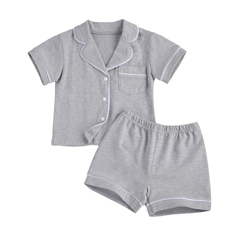1-7Y Kleine Jongen En Meisje 2 Stuk Pyjama Pak, kinderen Effen Kleur Korte Mouw Knop Top, Korte Broek Past: Grijs / 2T