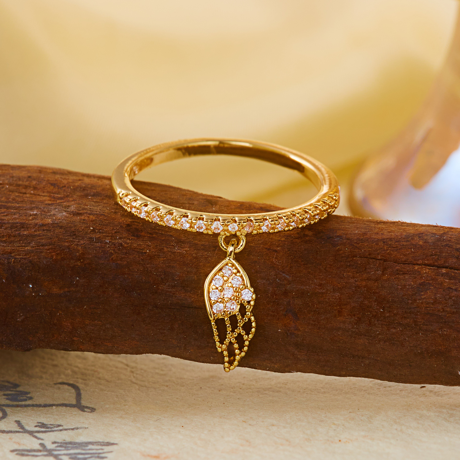 Boho Feather Dangle Brass Ring for Women Dainty Sparkling Zirconia Charm Finger Jewelry Minimalist Free Spirit Daily Accessories: 9