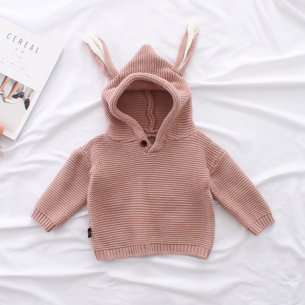 Efterår vinter piger sweater frakke pullover børn baby spædbørn strikvarer kint kanin øre hætteklædte sweater outwear casaco  s11242