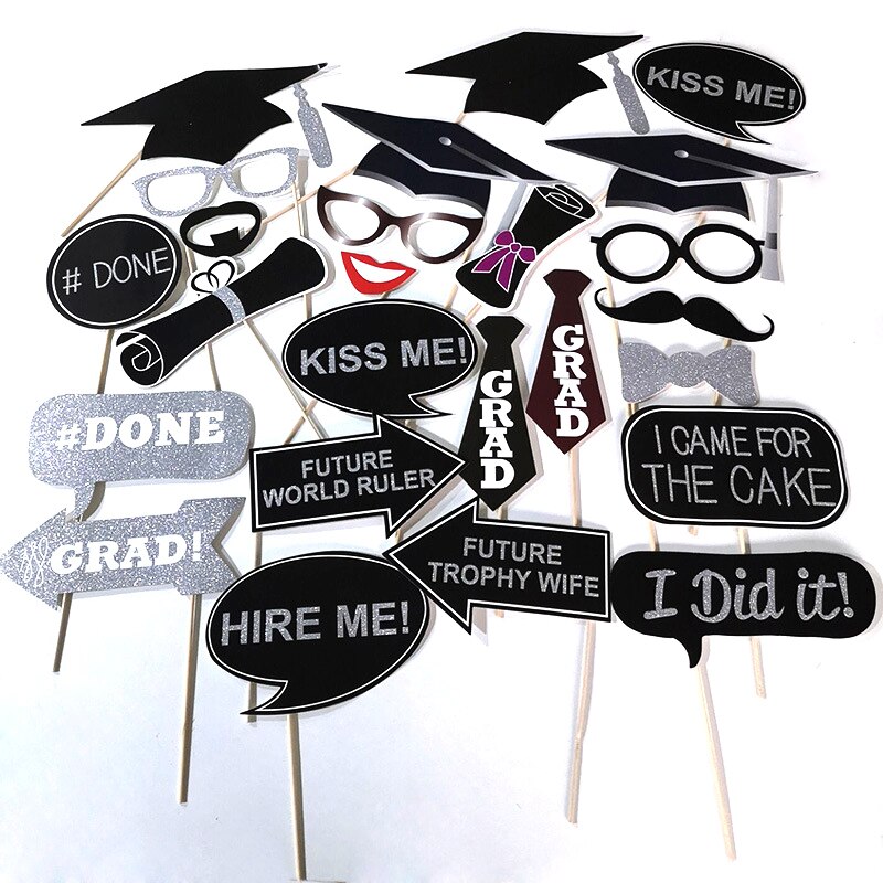 25pcs Graduation Photo Booth Props Graduation 2022 Party Decorations Fun Photobooth Bachelor Cap Grad Congrate Graduated Favors