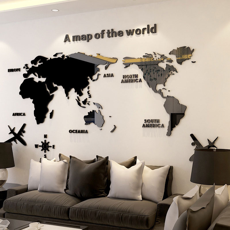 Siyah 3D akrilik büyük dünya haritası duvar Sticker çıkartması için seramik karo oturma odası çıkartmaları yatak odası dekoru ev dekor duvar kağıdı
