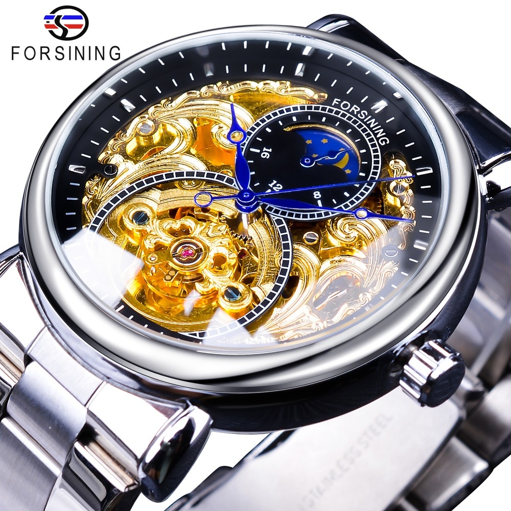 Forsining Koninklijke Luxe Moon Phase Mens Golden Transparante Open Werk Automatische Mechanische Horloge Top Luxe